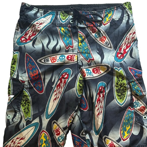 Hang Ten Small Youth Surfboard Skull Teen Boys Swim trunks shorts Navy Black - Picture 1 of 12